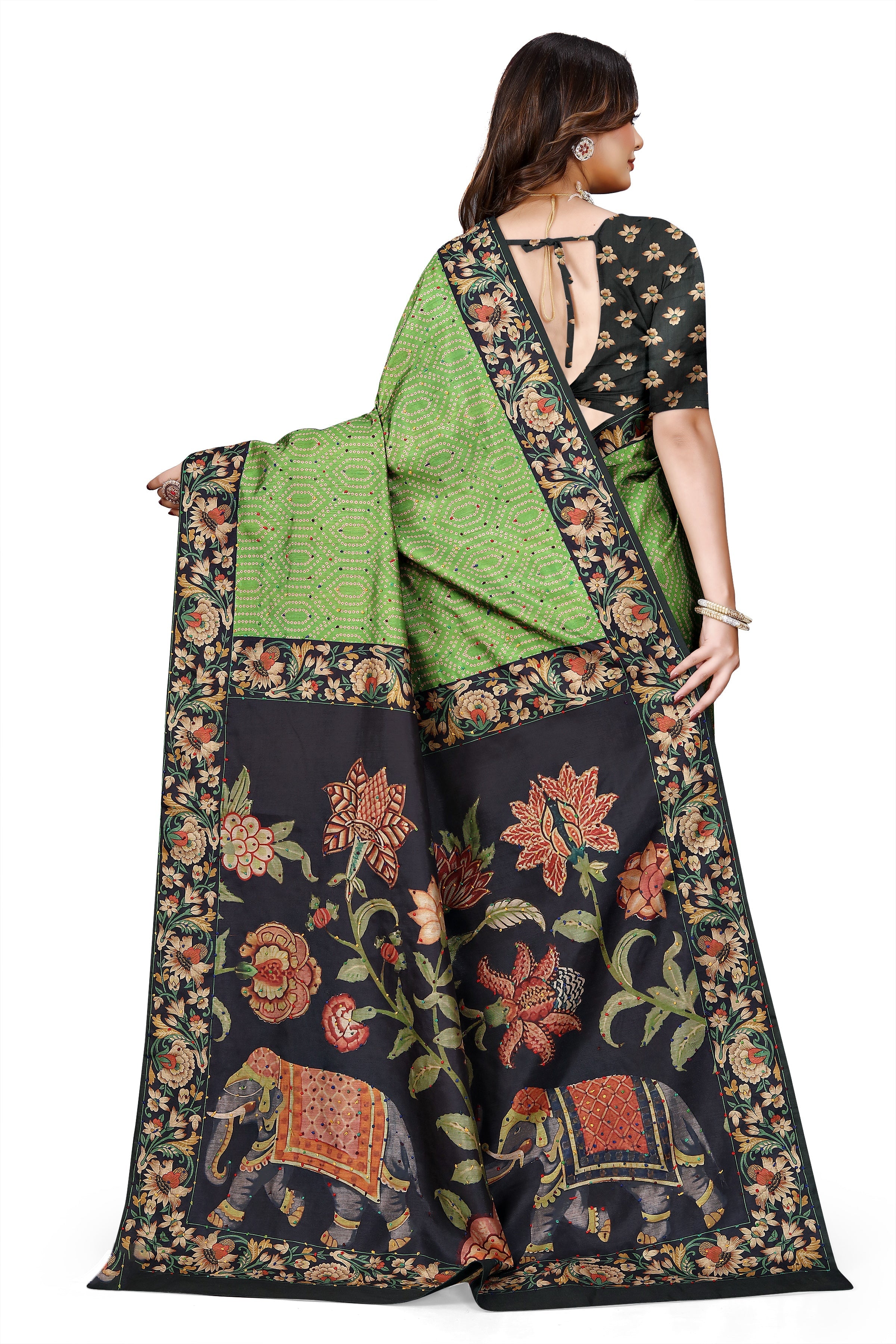 OWLSKY, SASSY & STYLO Women's Trendy Blended Silk Saree with Kalamkari Pallu & Designer Border | Festive Traditional Saree for Women | Traditional floral Motif | Saree With Unstitched Blouse Parrot Green