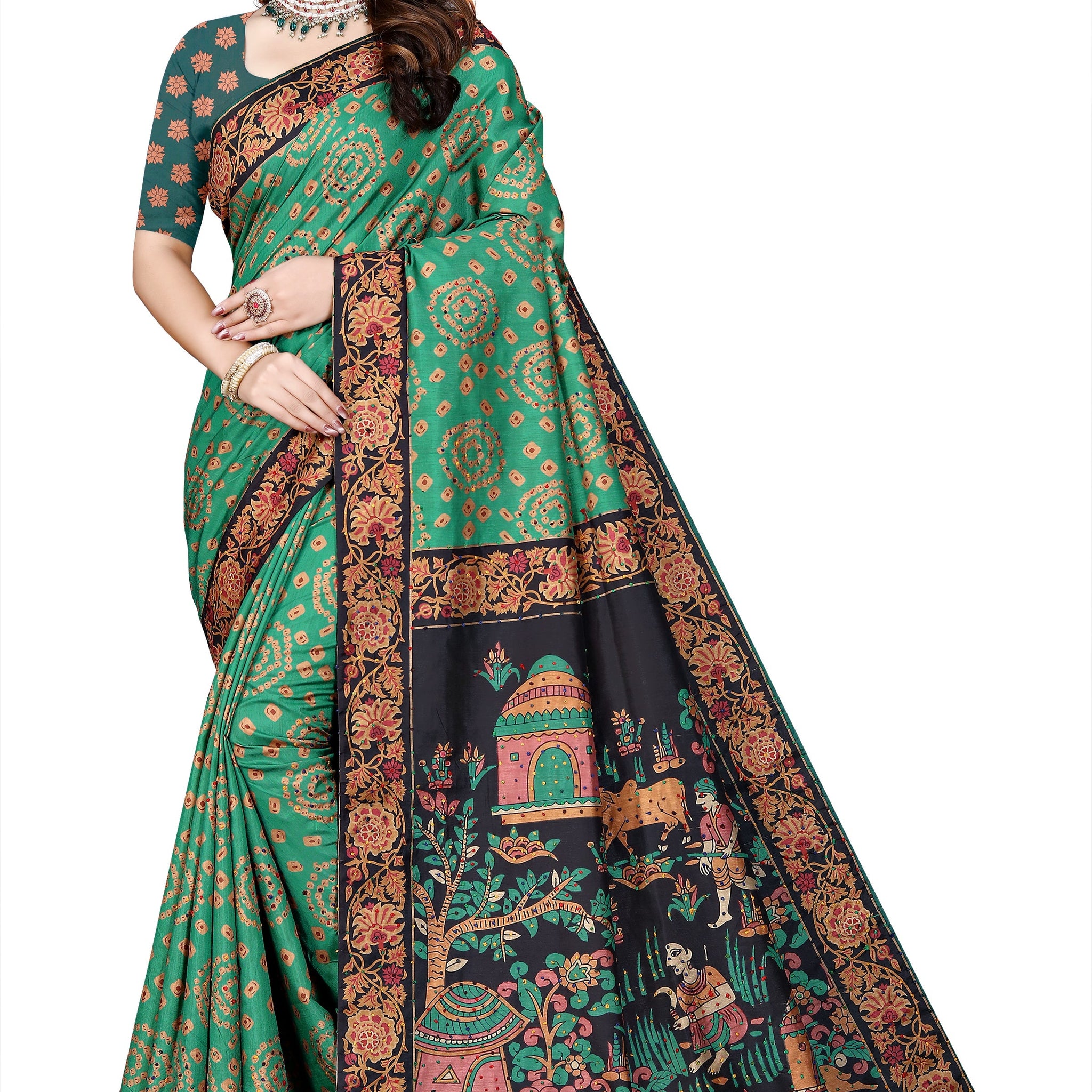 OWLSKY, SASSY & STYLO Women's Trendy Blended Silk Saree with Kalamkari Pallu & Designer Border | Festive Traditional Saree for Women | Traditional floral Motif | Saree With Unstitched Blouse Bottle Green