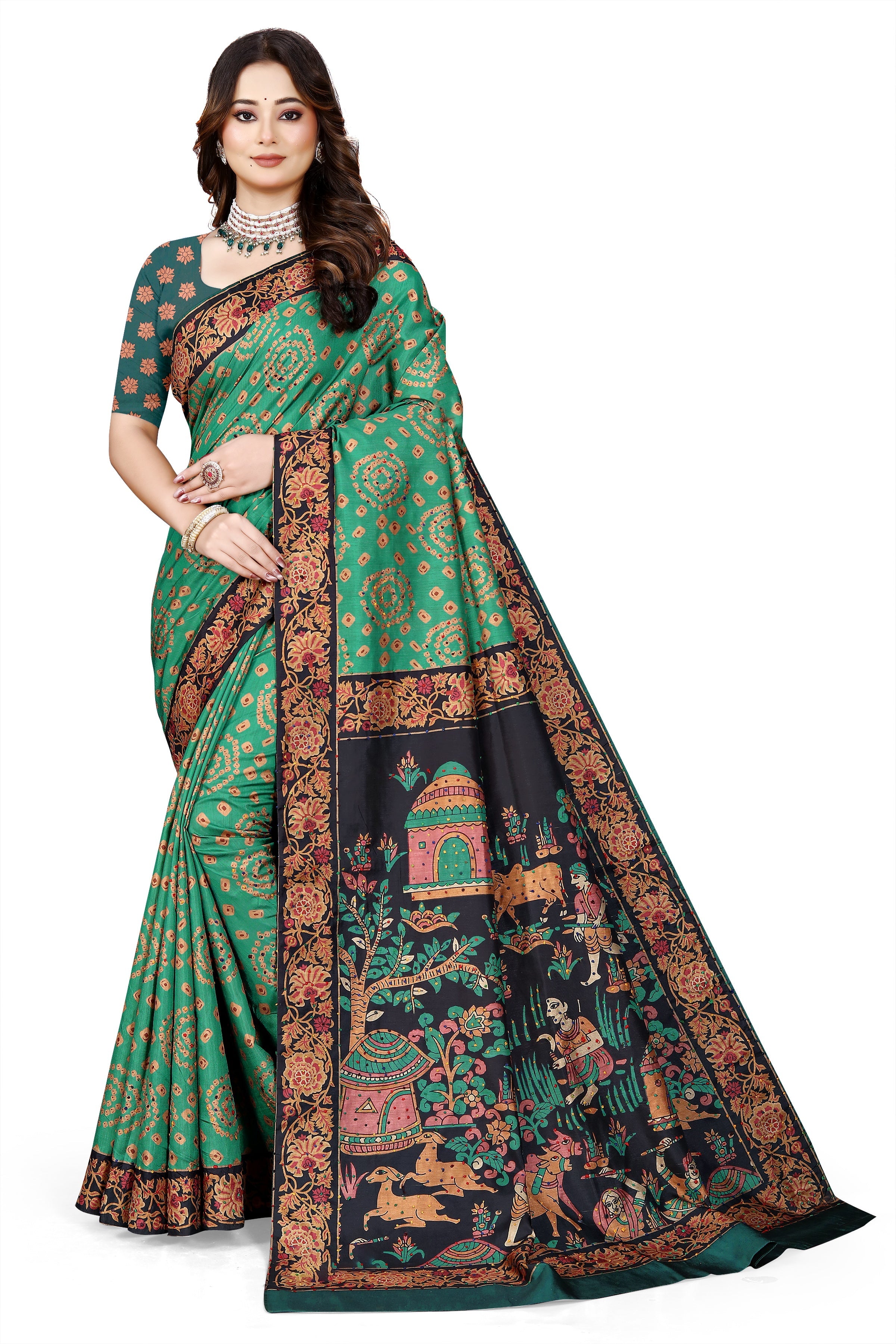 OWLSKY, SASSY & STYLO Women's Trendy Blended Silk Saree with Kalamkari Pallu & Designer Border | Festive Traditional Saree for Women | Traditional floral Motif | Saree With Unstitched Blouse Bottle Green
