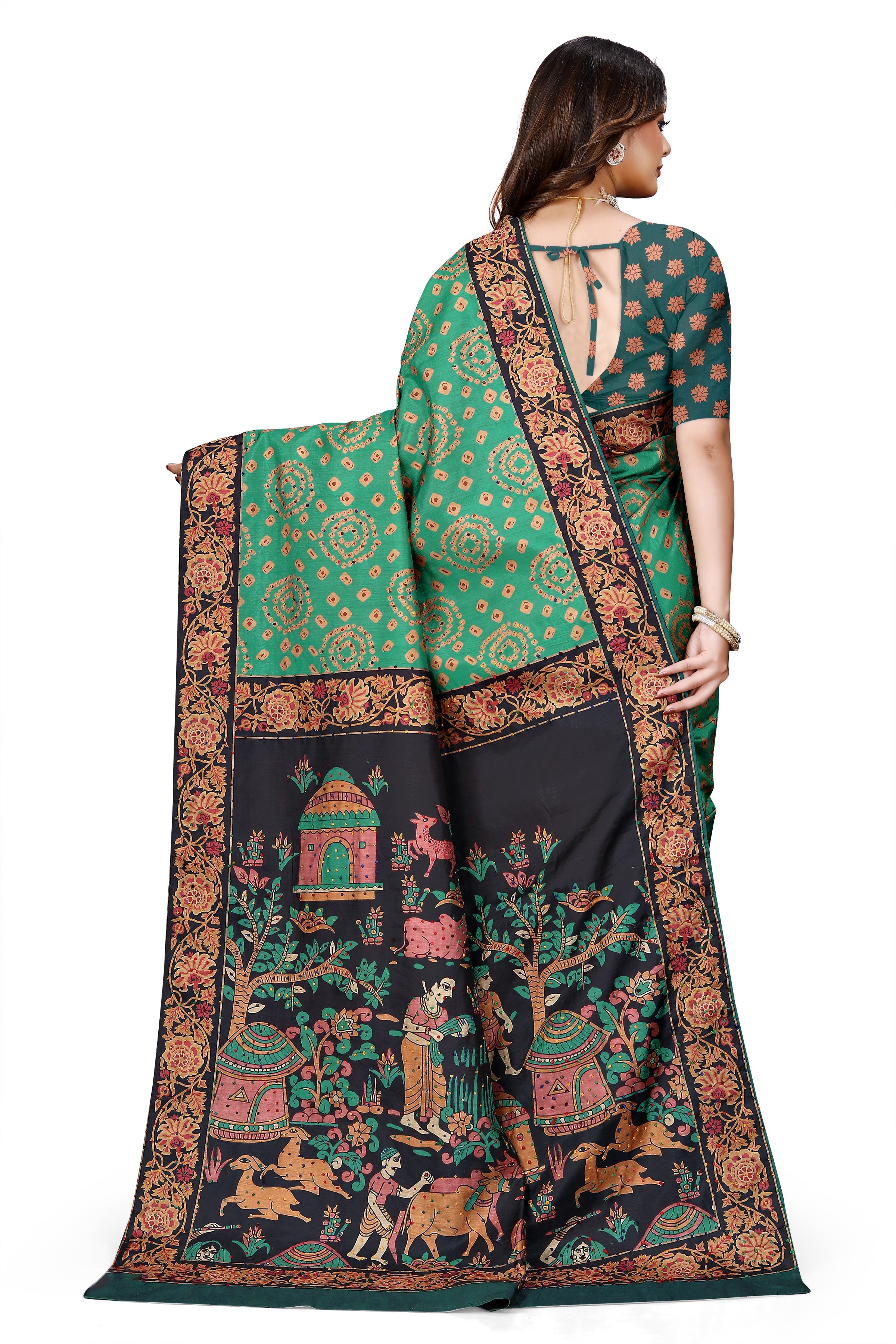 OWLSKY, SASSY & STYLO Women's Trendy Blended Silk Saree with Kalamkari Pallu & Designer Border | Festive Traditional Saree for Women | Traditional floral Motif | Saree With Unstitched Blouse Bottle Green