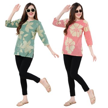 Owlsky Women’s Pure Cotton Jaipuri Printed Short Kurti  Combo Pack of 2 – Free Size Sea blue and Pink