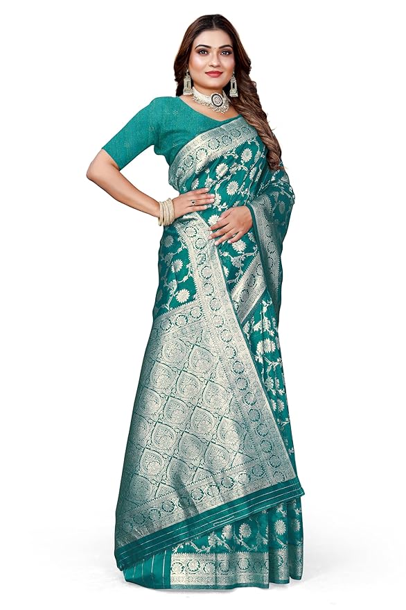 Owl Sky Women's Kanjivaram Soft Lichi Silk Saree with Silver Zari Floral Weave | With Unstiched Blouse Piece | Elegant Lightweight Indian Ethnic Sari | Morpankhi Blue