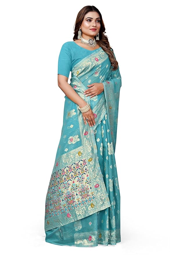 Owlsky Women’s Linen Tissue Silk Saree with Thread Weaving & Siroski Work | Included with Unstriched Blouse Piece | Sky Blue