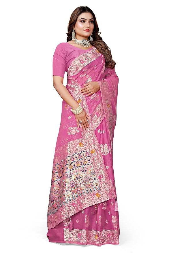 Owlsky Women’s Linen Tissue Silk Saree with Thread Weaving & Siroski Work | Included with Unstriched Blouse Piece | Rose Pink