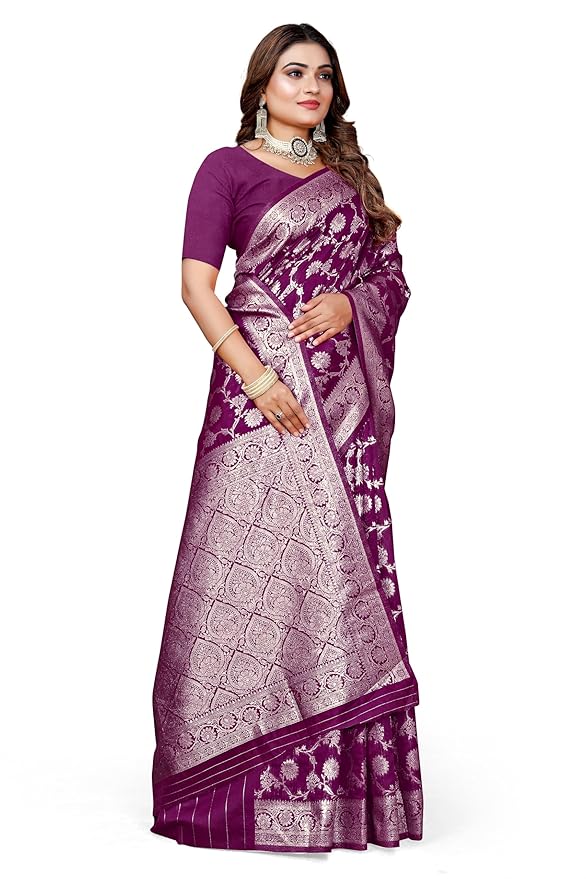 Owl Sky Women's Kanjivaram Soft Lichi Silk Saree with Silver Zari Floral Weave | With Unstiched Blouse Piece | Elegant Lightweight Indian Ethnic Sari | Wine