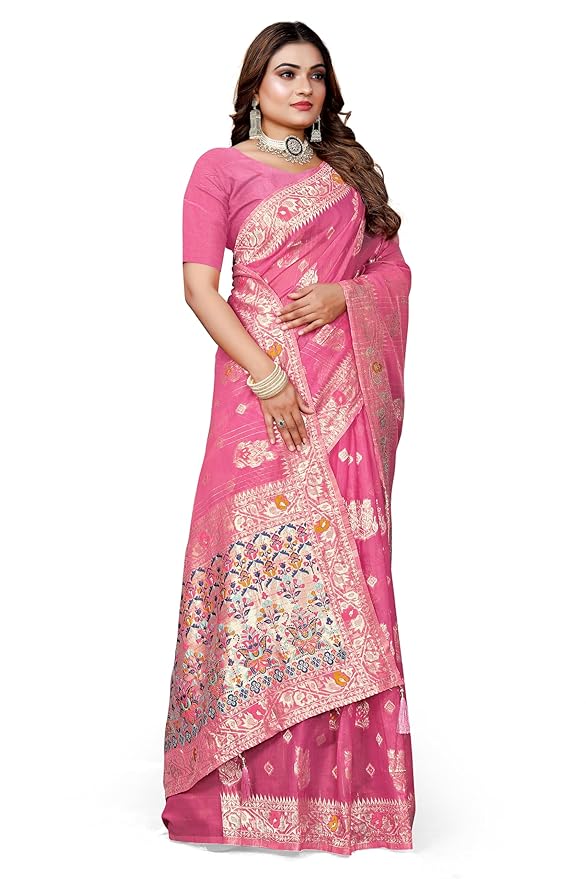Owlsky Women’s Linen Tissue Silk Saree with Thread Weaving & Siroski Work | Included with Unstriched Blouse Piece | Rani Pink
