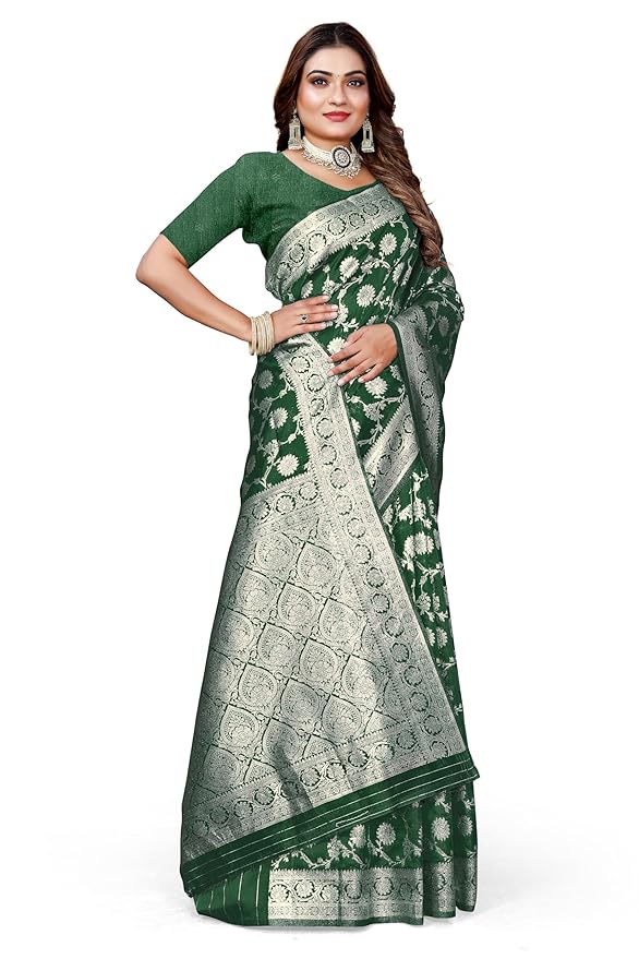 Owl Sky Women's Kanjivaram Soft Lichi Silk Saree with Silver Zari Floral Weave | With Unstiched Blouse Piece | Elegant Lightweight Indian Ethnic Sari | Bottle Green