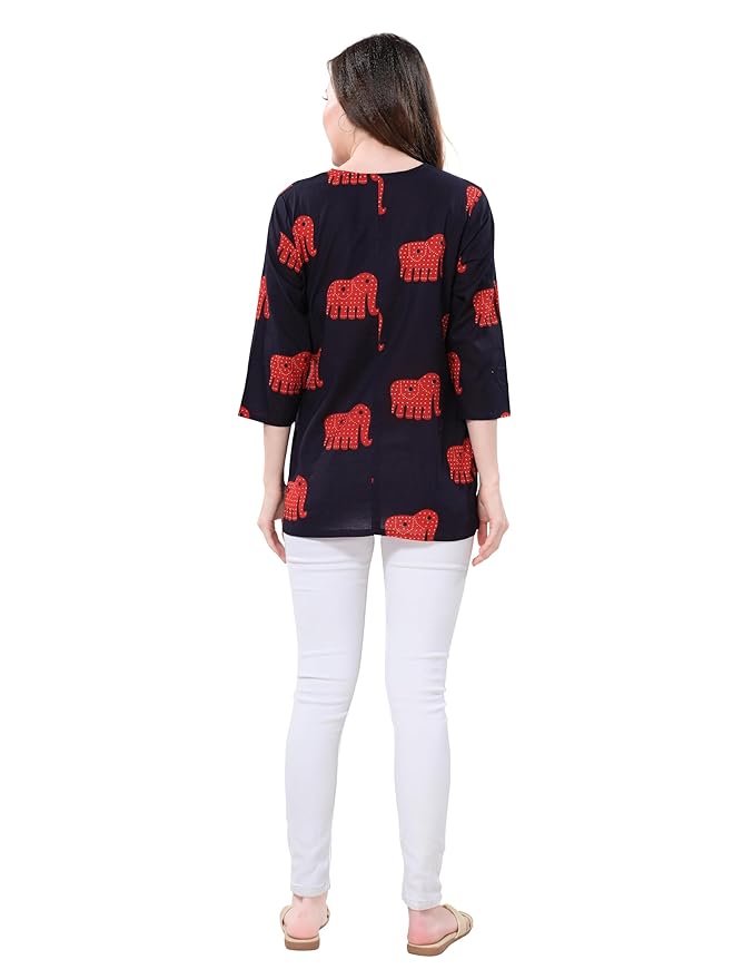 Owl Sky Women’s Pure Cotton Jaipuri Printed Short Kurti – Free Size Black