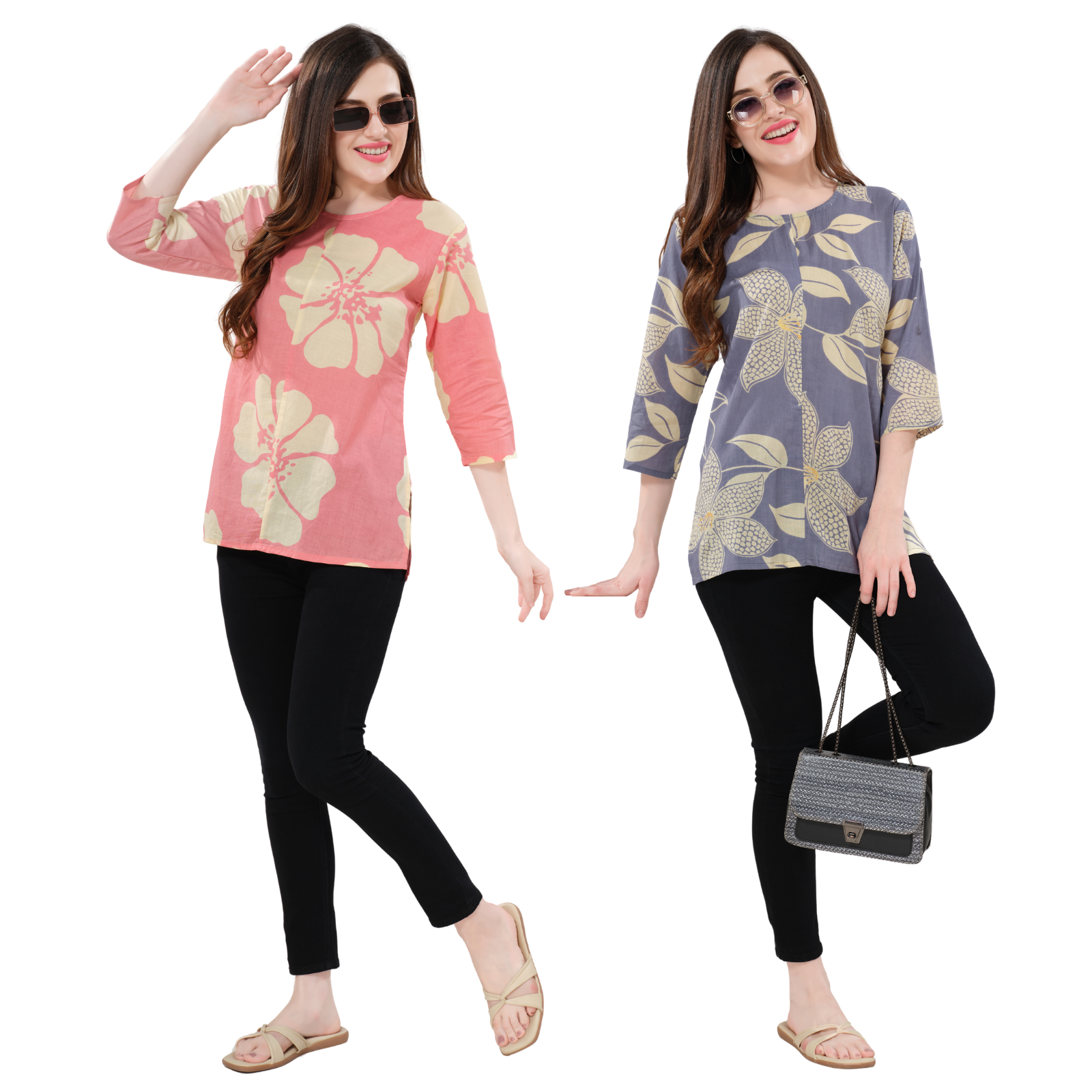 Owlsky Women’s Pure Cotton Jaipuri Printed Short Kurti  Combo Pack of 2 – Free Size - Pink and Purple