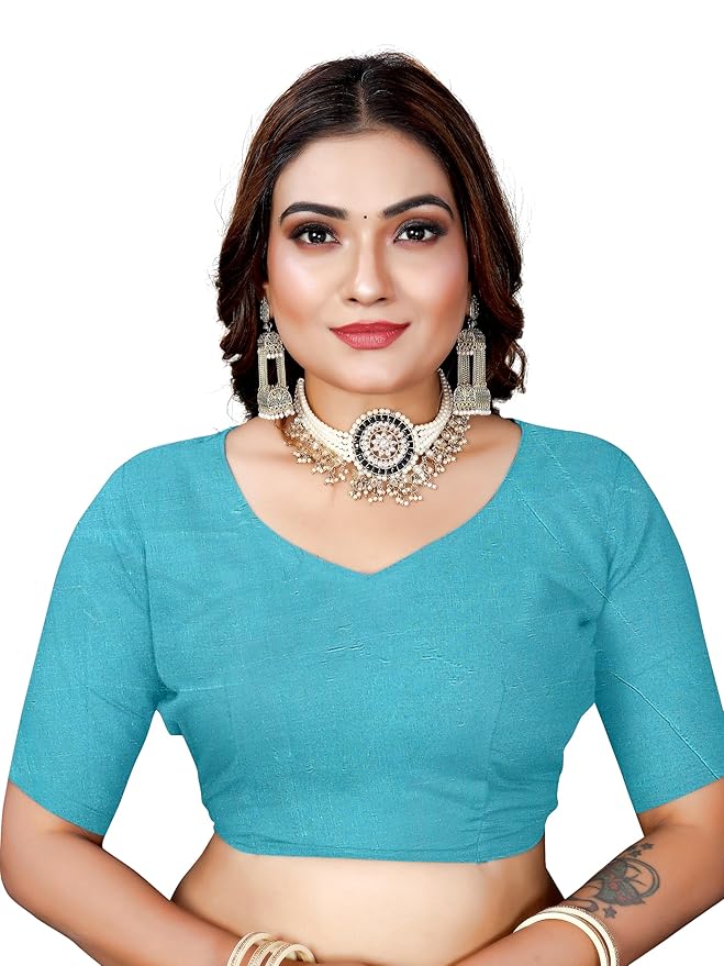 Owlsky Women’s Linen Tissue Silk Saree with Thread Weaving & Siroski Work | Included with Unstriched Blouse Piece | Sky Blue