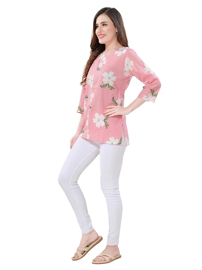 Owl Sky Women’s Pure Cotton Jaipuri Printed Short Kurti – Free Size Pink