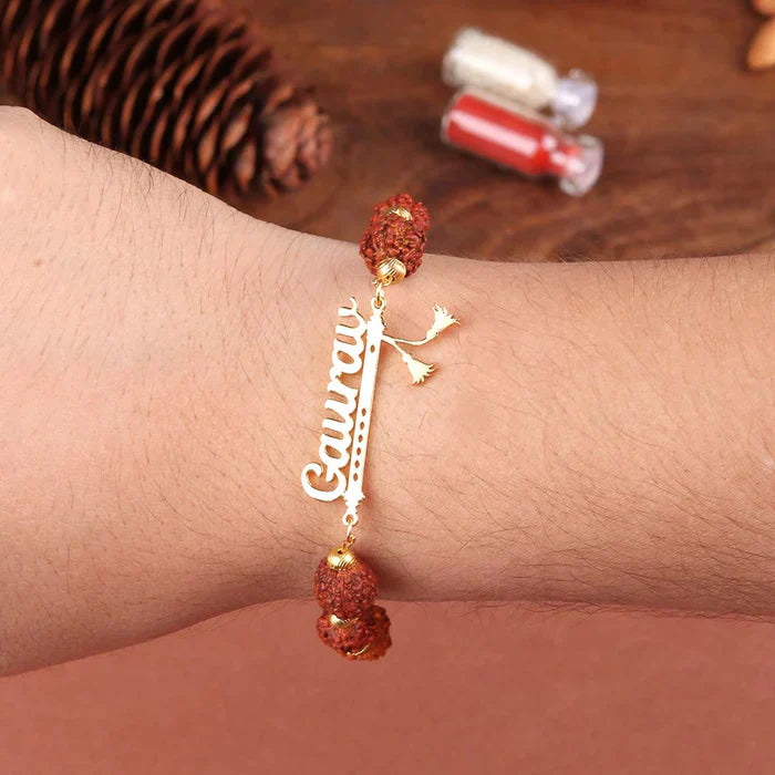 Personalized Rakhi - Rudraksha Bracelet with Flute Design