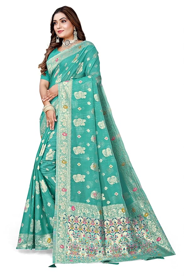 Owlsky Women’s Linen Tissue Silk Saree with Thread Weaving & Siroski Work | Included with Unstriched Blouse Piece | Aqua Blue
