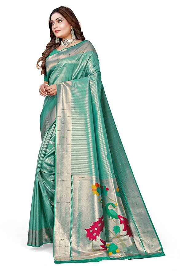 Owlsky Women’s Kanjivaram Silk Saree with Beautiful Paithani Rich Pallu | Design Work Zari Woven Kanjivaram Silk Style Saree With Soft Lichi Silk Blouse Sea Green