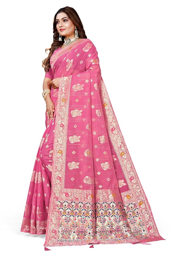 Owlsky Women’s Linen Tissue Silk Saree with Thread Weaving & Siroski Work | Included with Unstriched Blouse Piece | Rani Pink
