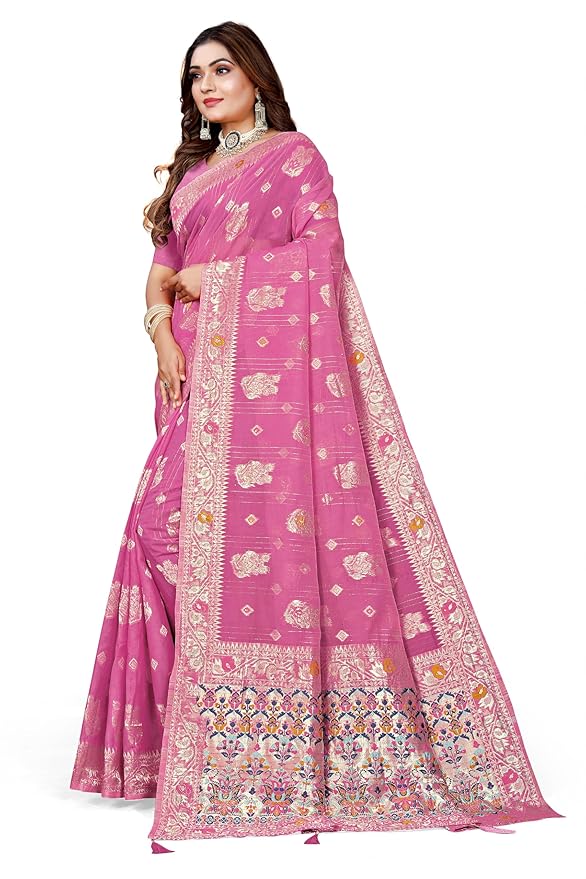 Owlsky Women’s Linen Tissue Silk Saree with Thread Weaving & Siroski Work | Included with Unstriched Blouse Piece | Rose Pink