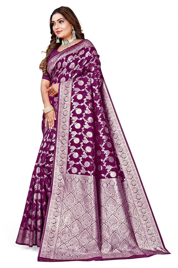 Owl Sky Women's Kanjivaram Soft Lichi Silk Saree with Silver Zari Floral Weave | With Unstiched Blouse Piece | Elegant Lightweight Indian Ethnic Sari | Wine