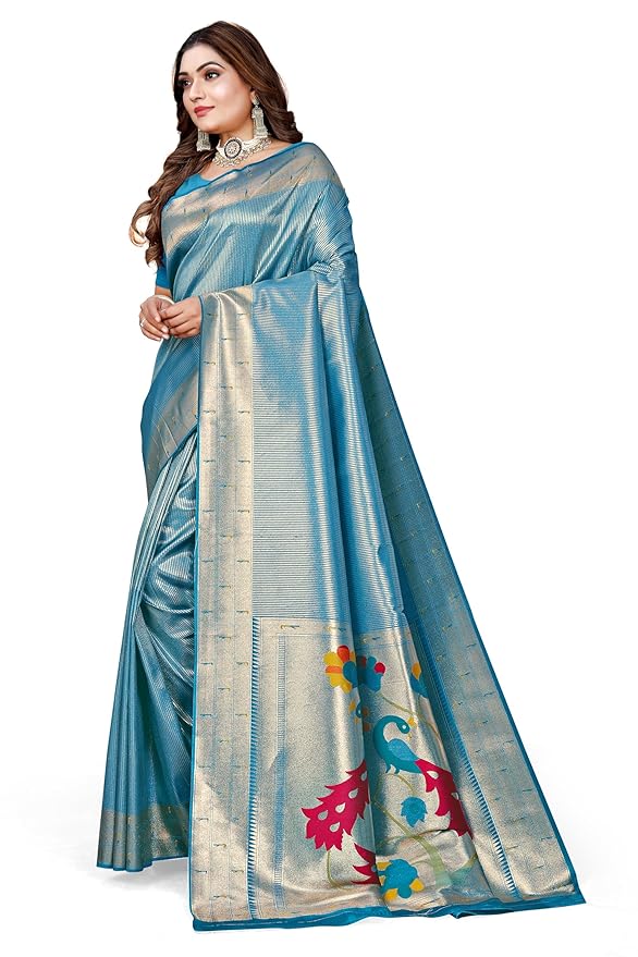 Owlsky Women’s Kanjivaram Silk Saree with Beautiful Paithani Rich Pallu | Design Work Zari Woven Kanjivaram Silk Style Saree With Soft Lichi Silk Blouse Sky Blue