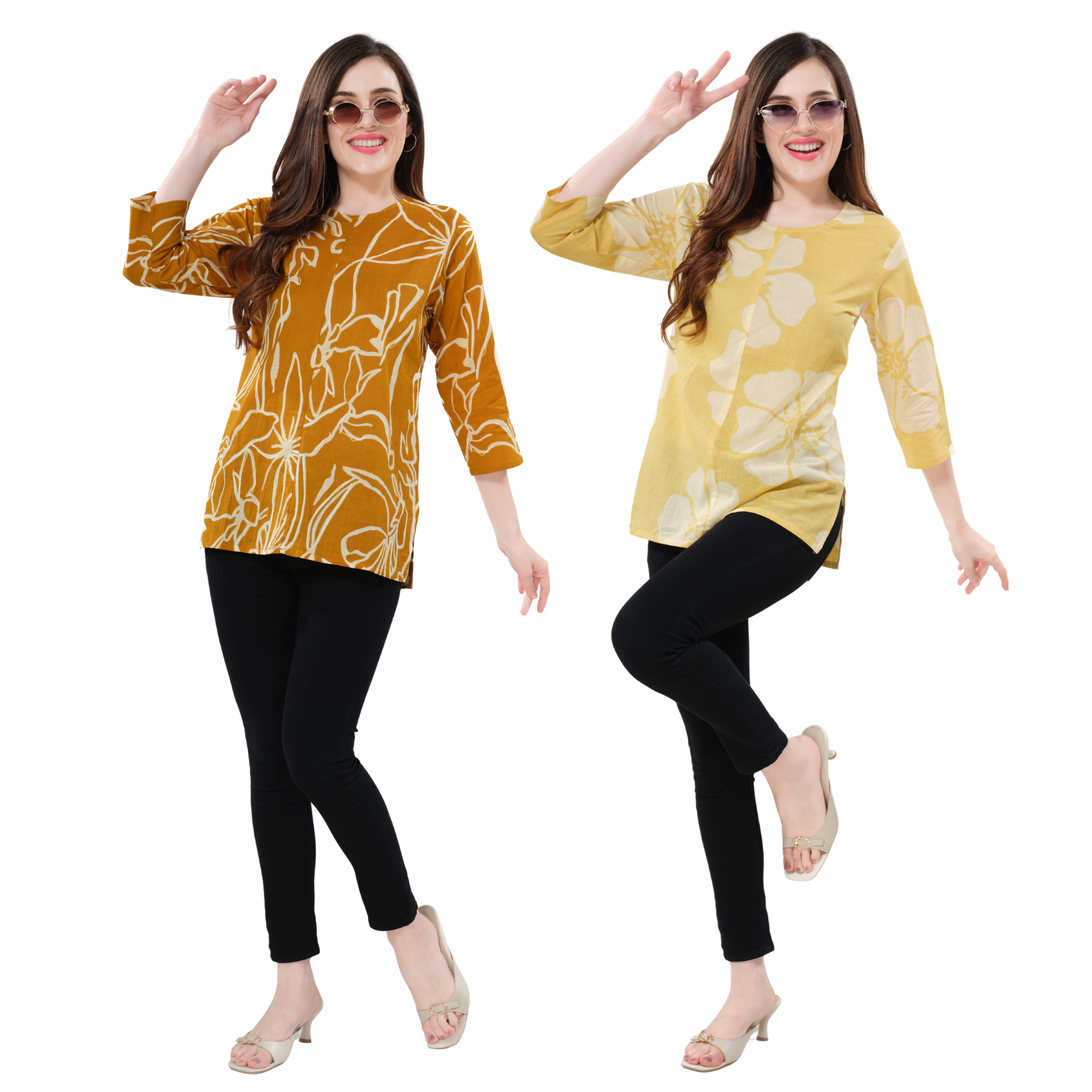 Owlsky Women’s Pure Cotton Jaipuri Printed Short Kurti  Combo Pack of 2 – Free Size - Orange and Yellow