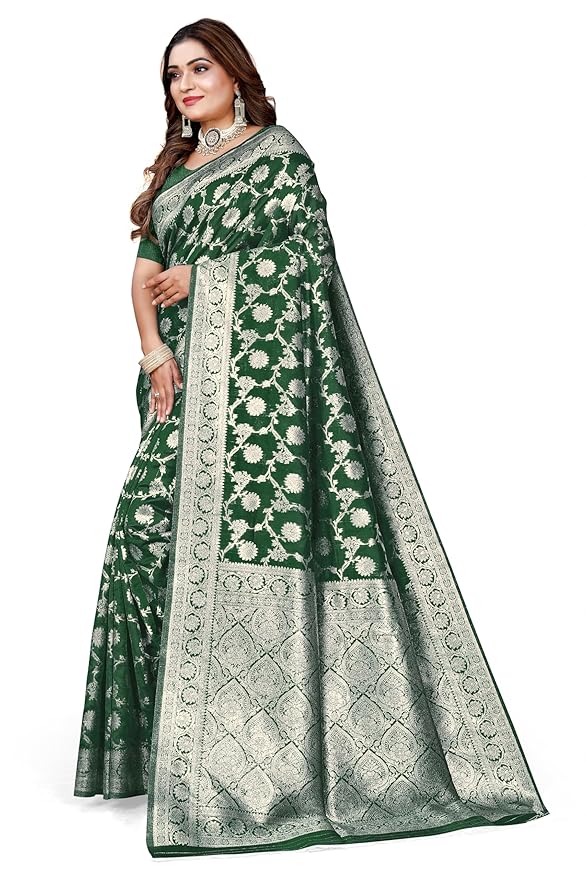 Owl Sky Women's Kanjivaram Soft Lichi Silk Saree with Silver Zari Floral Weave | With Unstiched Blouse Piece | Elegant Lightweight Indian Ethnic Sari | Bottle Green
