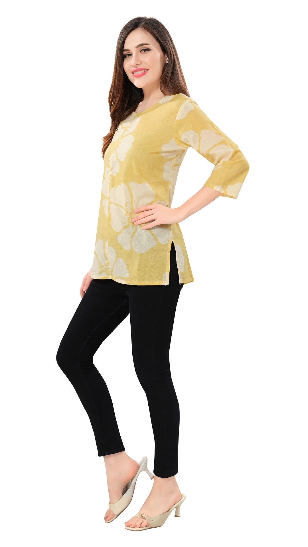 Owl Sky Women’s Pure Cotton Jaipuri Printed Short Kurti – Free Size Yellow