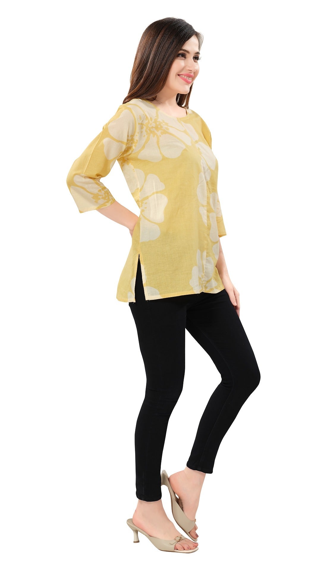 Owl Sky Women’s Pure Cotton Jaipuri Printed Short Kurti – Free Size Yellow