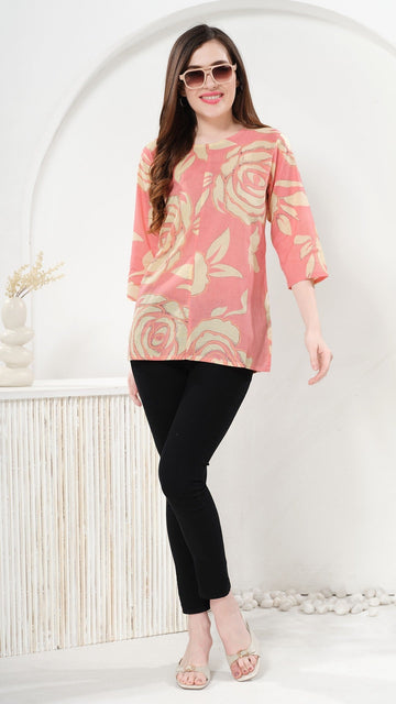 Owl Sky Women’s Pure Cotton Jaipuri Printed Short Kurti – Free Size Rose